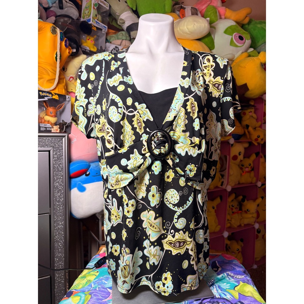 Y2K Womens Paisley Floral V-Neck Short Sleeve Top Black Ring Detail #5
